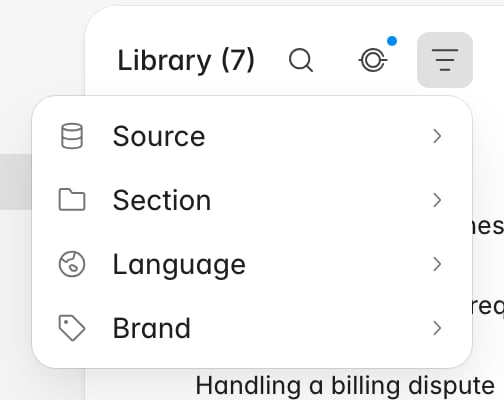 Knowledge library filter menu open with Source, Section, Language, and Brand