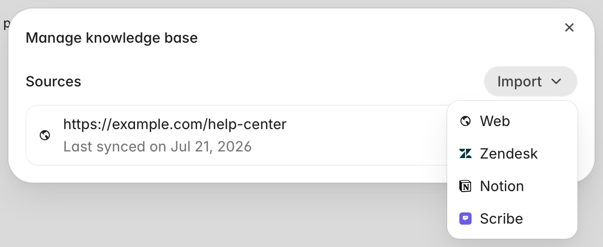 Manage knowledge base dialog with one synced source and the Import menu open on Web, Zendesk, Notion, and Scribe