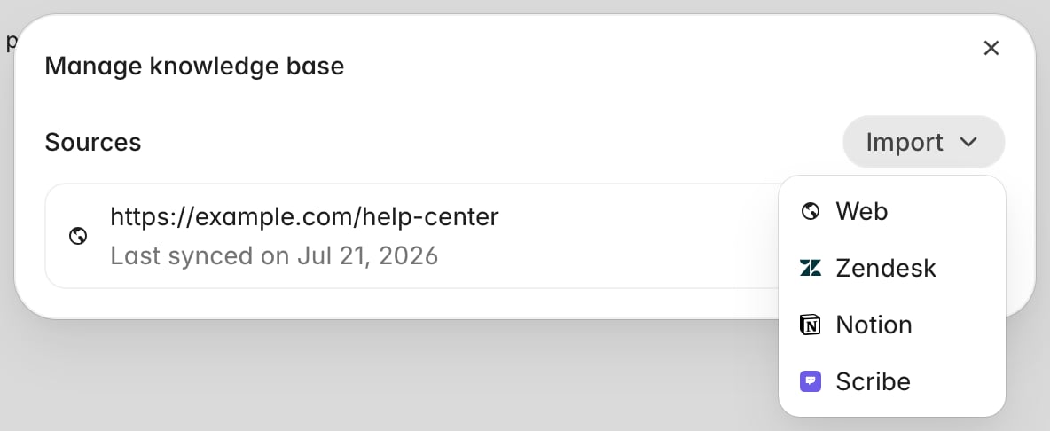 Manage knowledge base dialog with one synced source and the Import menu open on Web, Zendesk, Notion, and Scribe