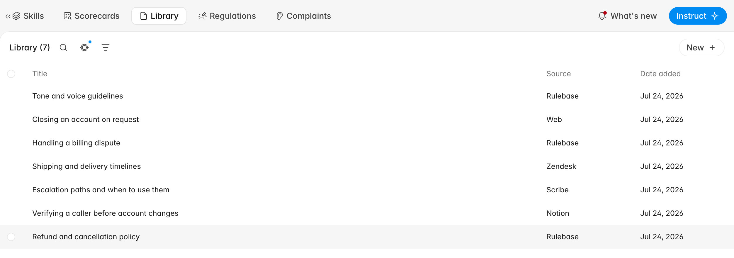 Knowledge library list with seven documents and their sources: Rulebase, Web, Zendesk, Scribe, and Notion