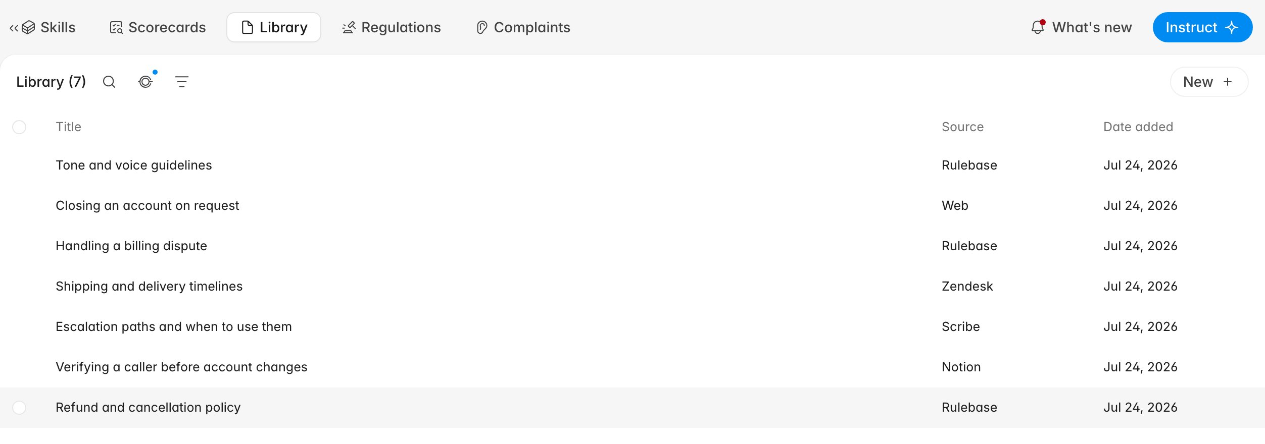 Knowledge library list with seven documents and their sources: Rulebase, Web, Zendesk, Scribe, and Notion