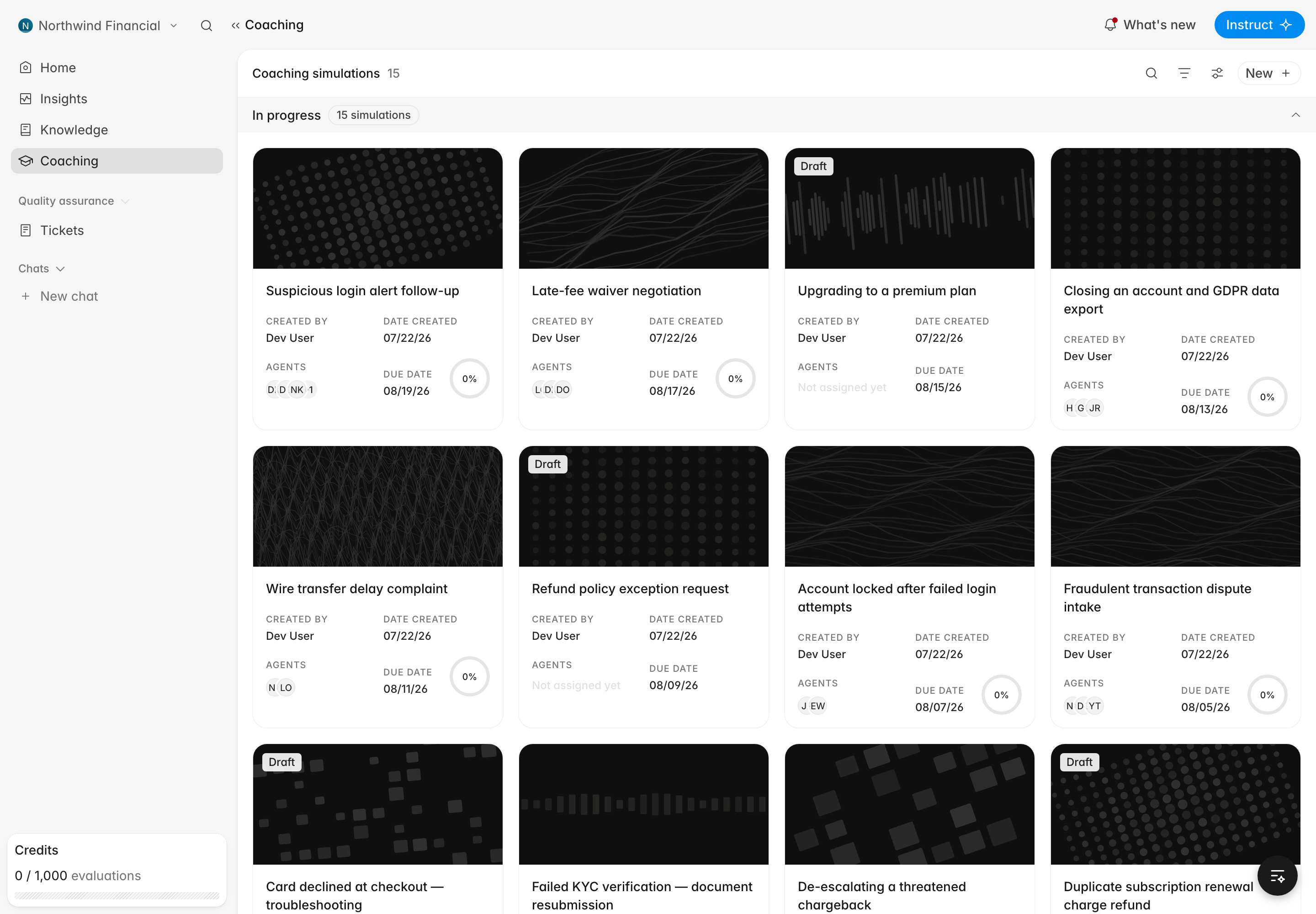 The Coaching page listing coaching simulations