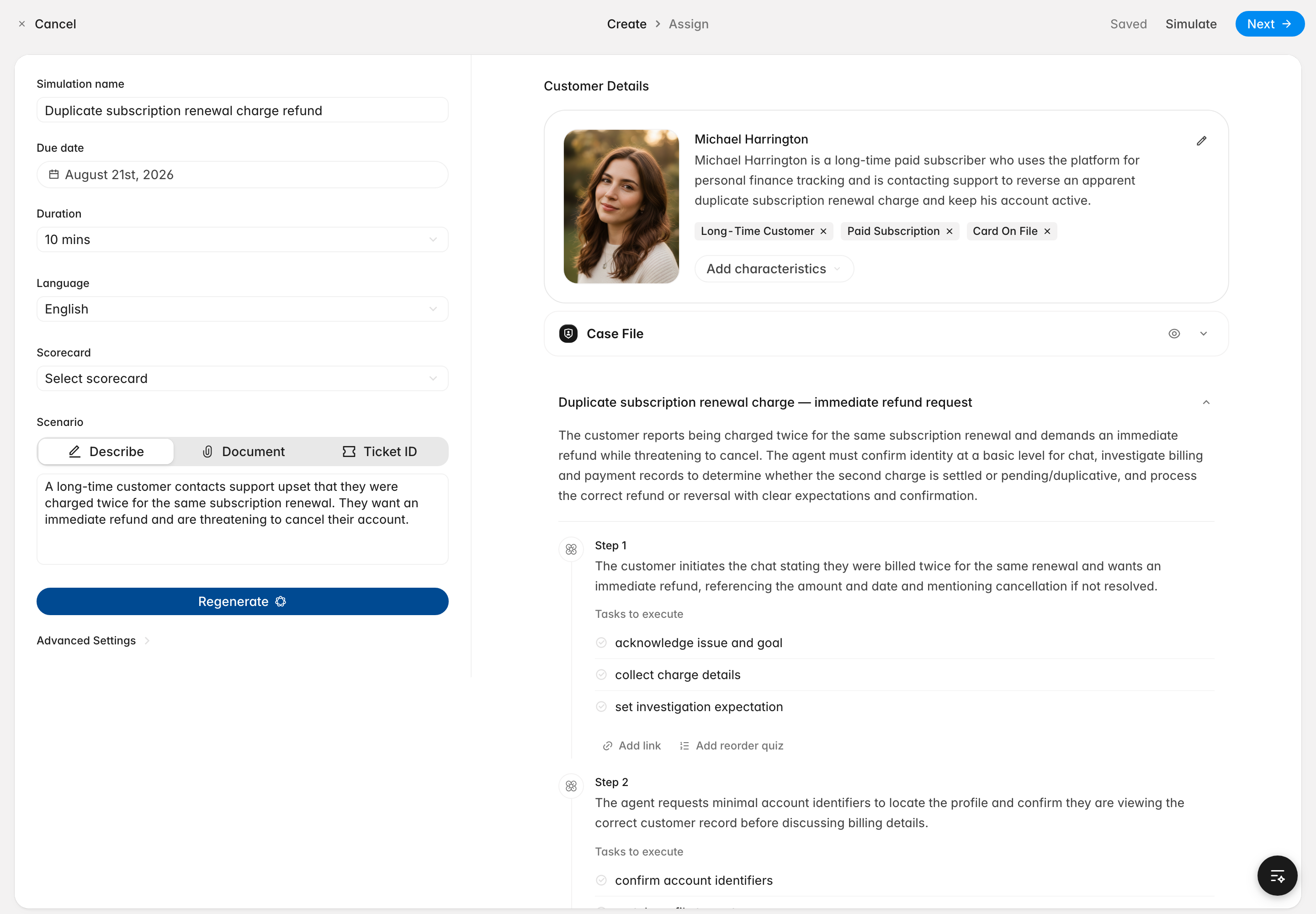 Creating a simulation: setup fields on the left; a generated persona and step-by-step scenario plan on the right