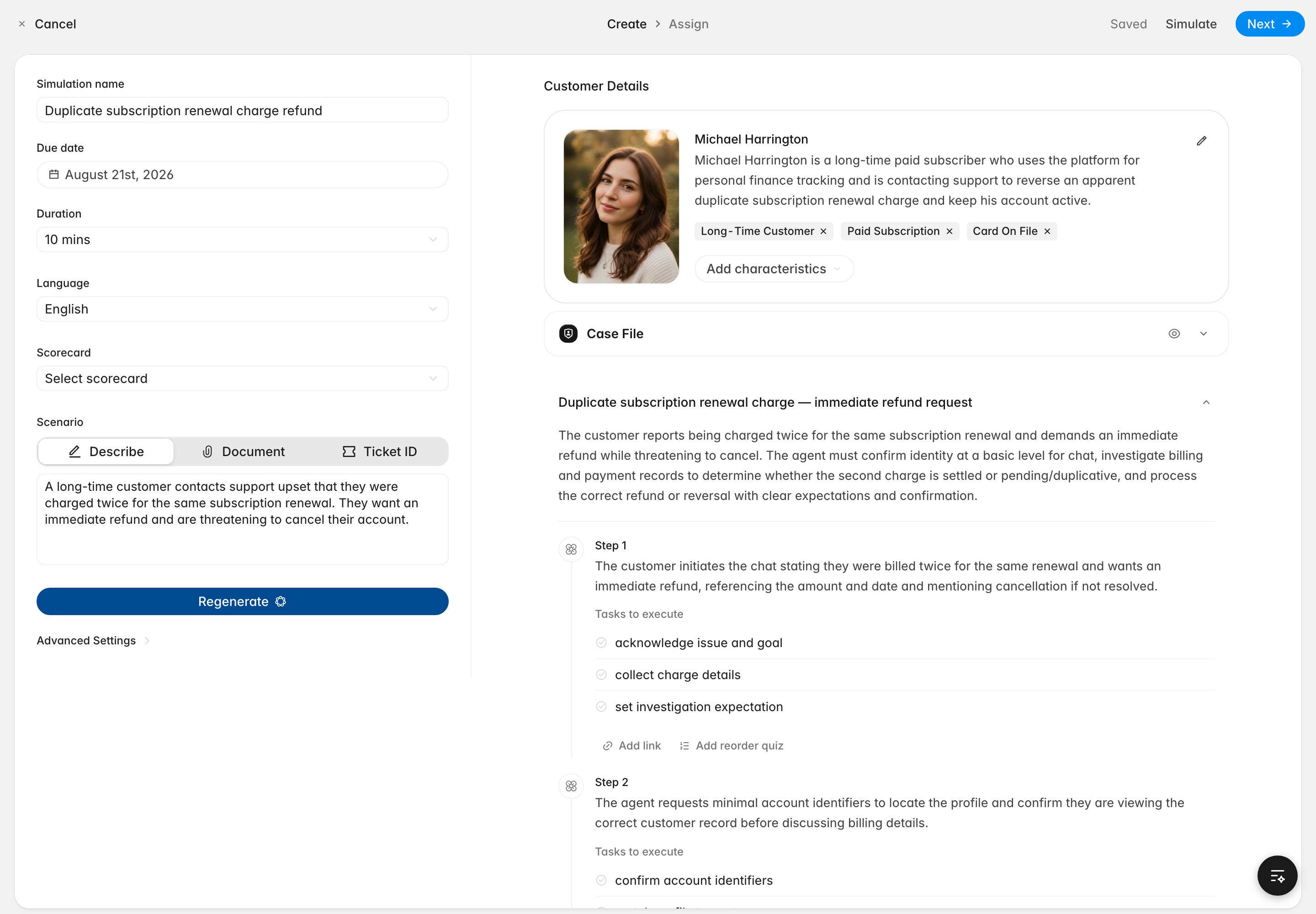Creating a simulation: setup fields on the left; a generated persona and step-by-step scenario plan on the right