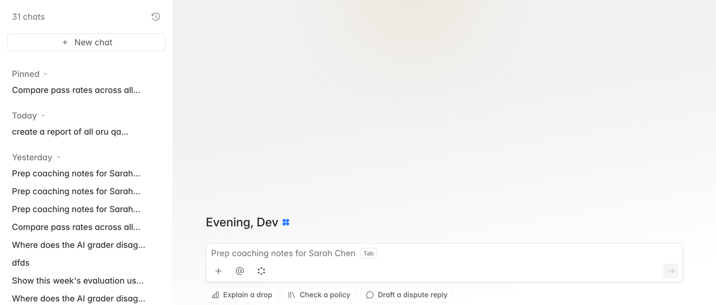 Chats page with pinned and recent chats