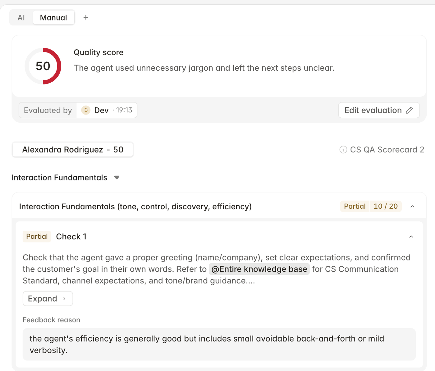 Manual evaluation with check cards and feedback reasons
