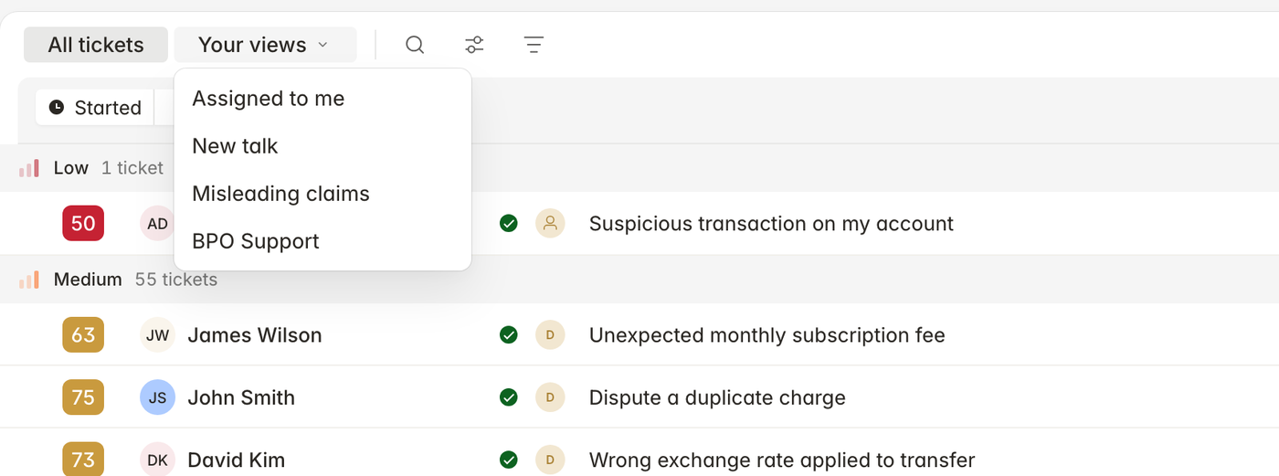 Tickets toolbar with the Your views menu open