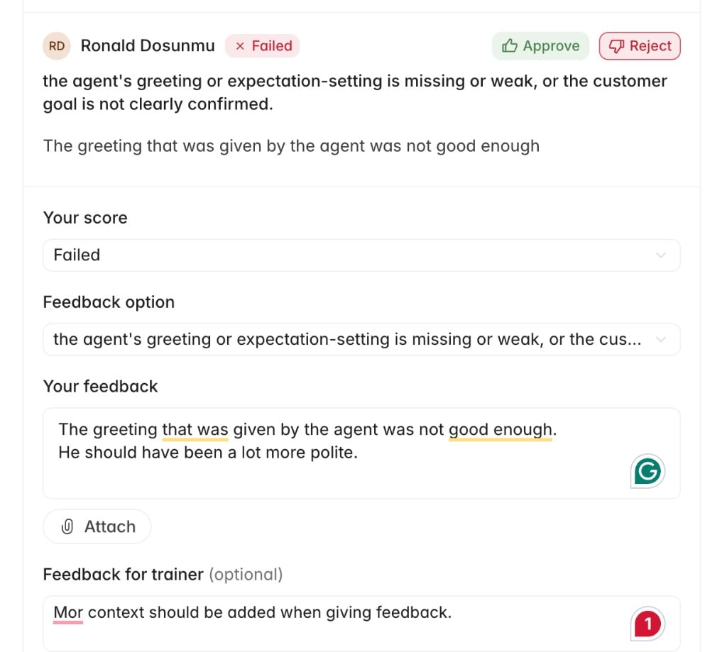 Rejected check with corrected score and feedback fields