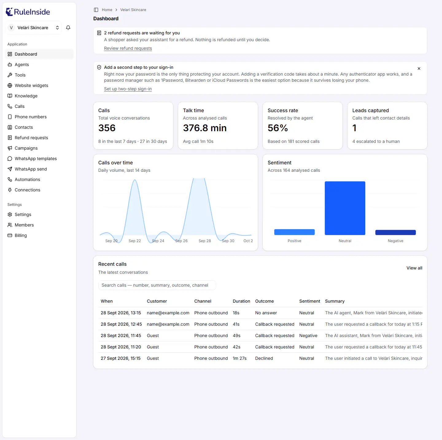 The RuleInside Dashboard showing the Calls, Talk time, Success rate and Leads captured figures, the Calls over time and Sentiment charts, and the Recent calls list.
