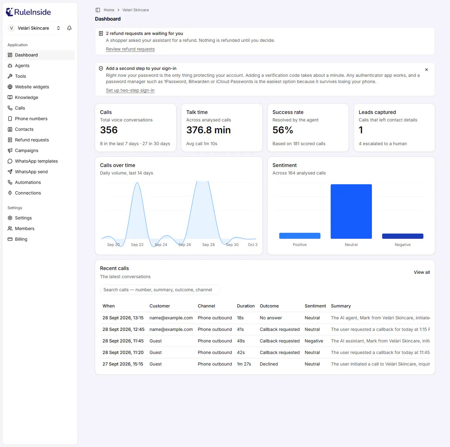 The RuleInside Dashboard showing the Calls, Talk time, Success rate and Leads captured figures, the Calls over time and Sentiment charts, and the Recent calls list.