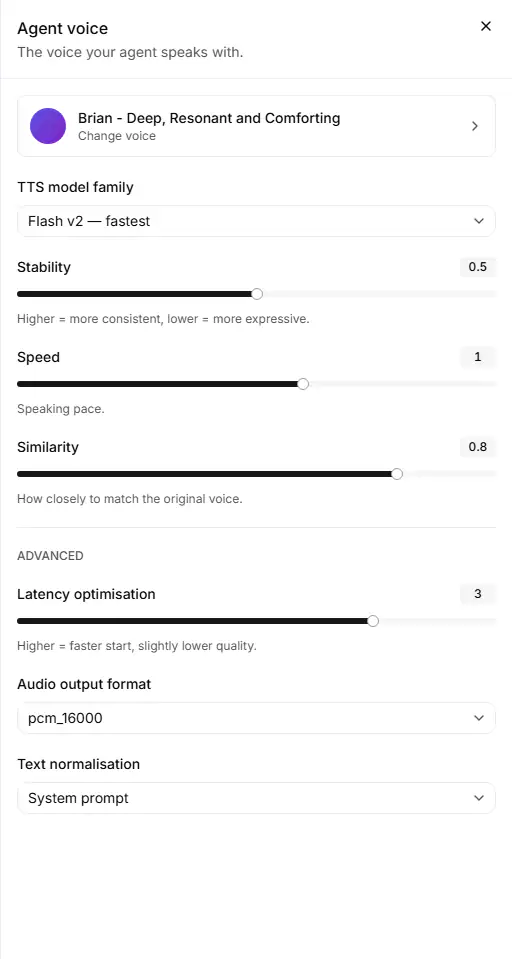 The Agent voice panel in the agent editor