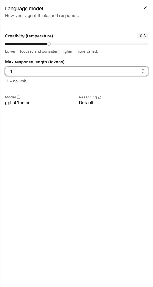 The Language model panel in the agent editor