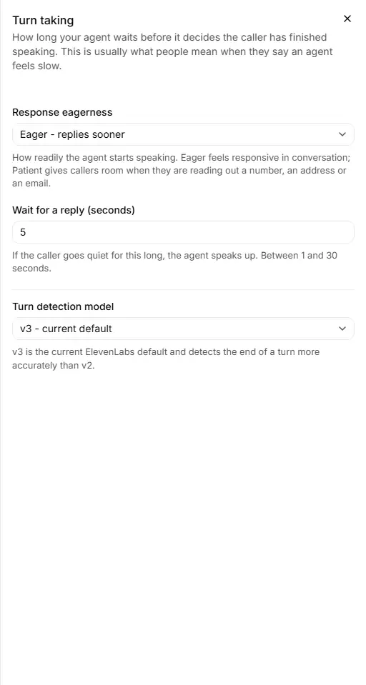 The Turn taking panel in the agent editor