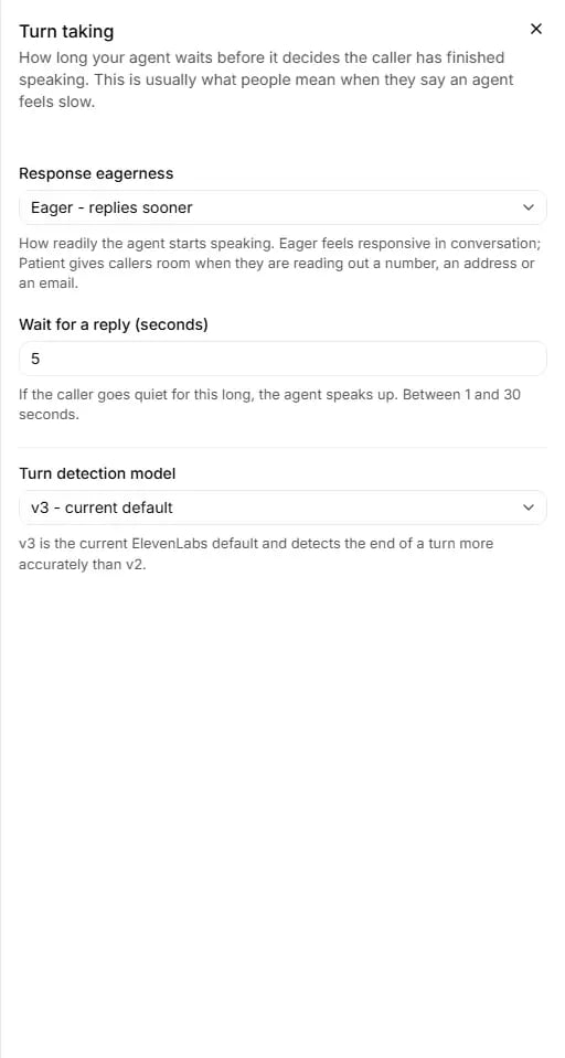The Turn taking panel in the agent editor