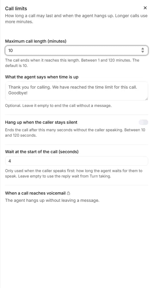 The Call limits panel in the agent editor