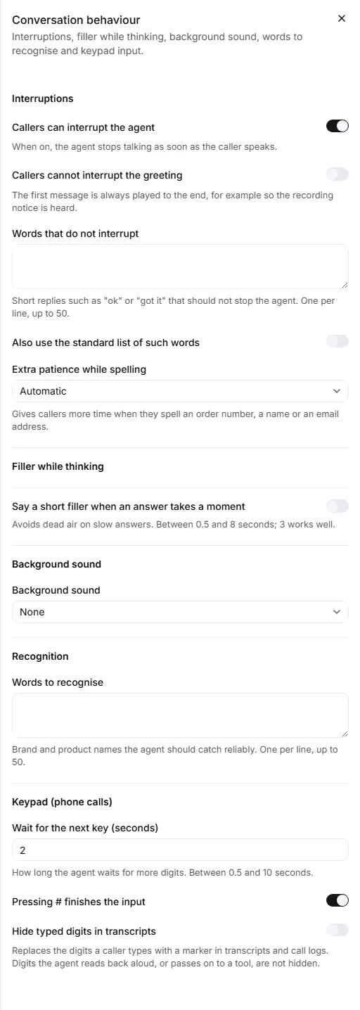 The Conversation behaviour panel in the agent editor