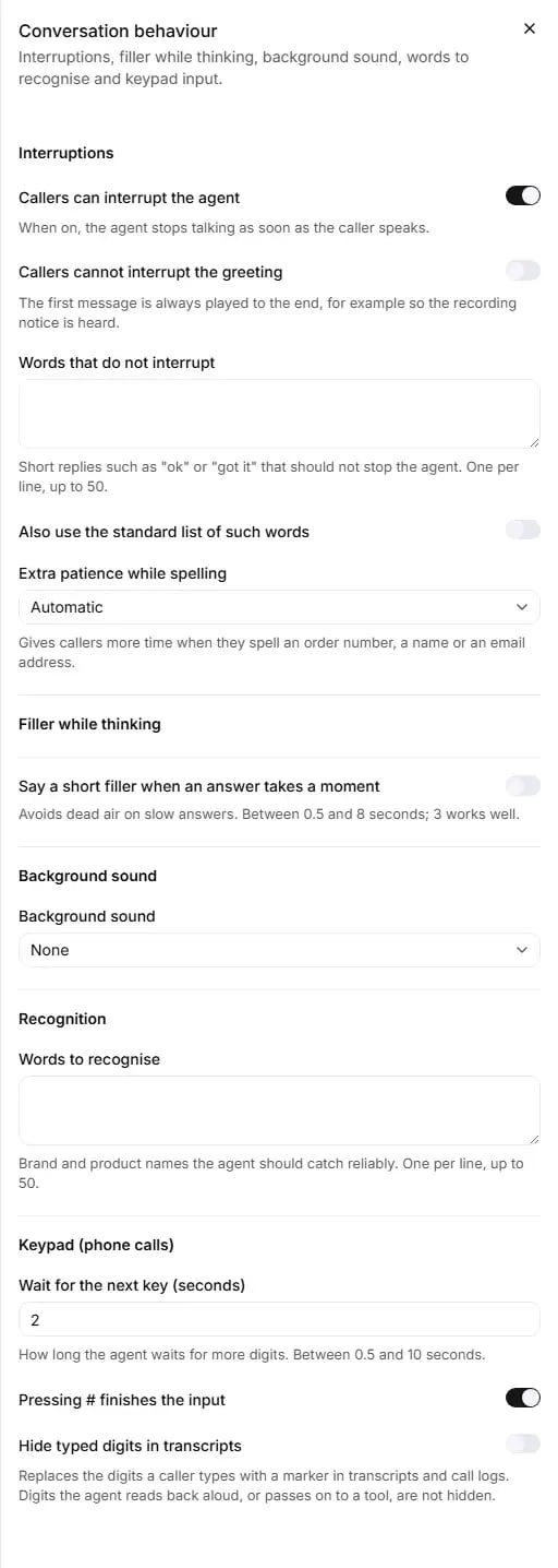 The Conversation behaviour panel in the agent editor