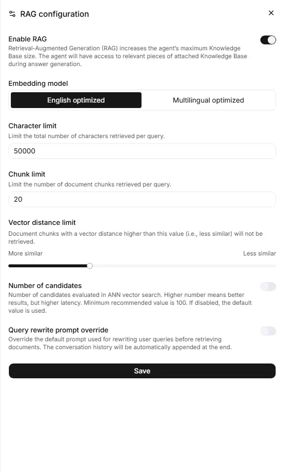 The RAG configuration panel