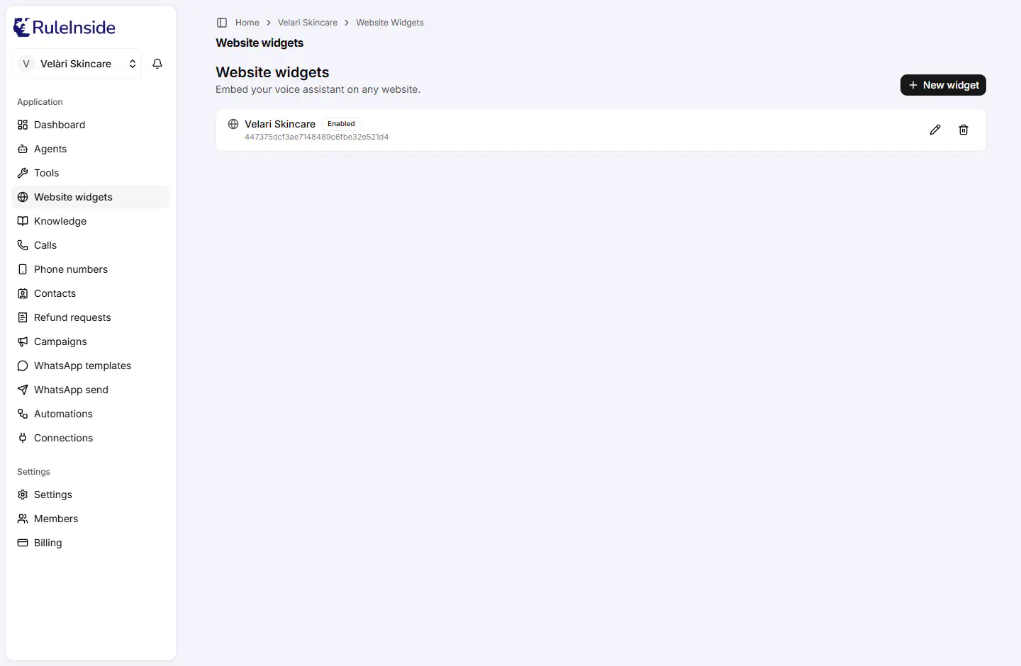 The Website widgets list in the portal