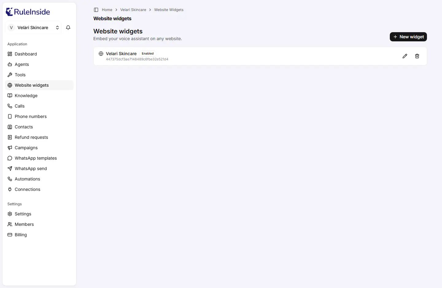 The Website widgets list in the portal