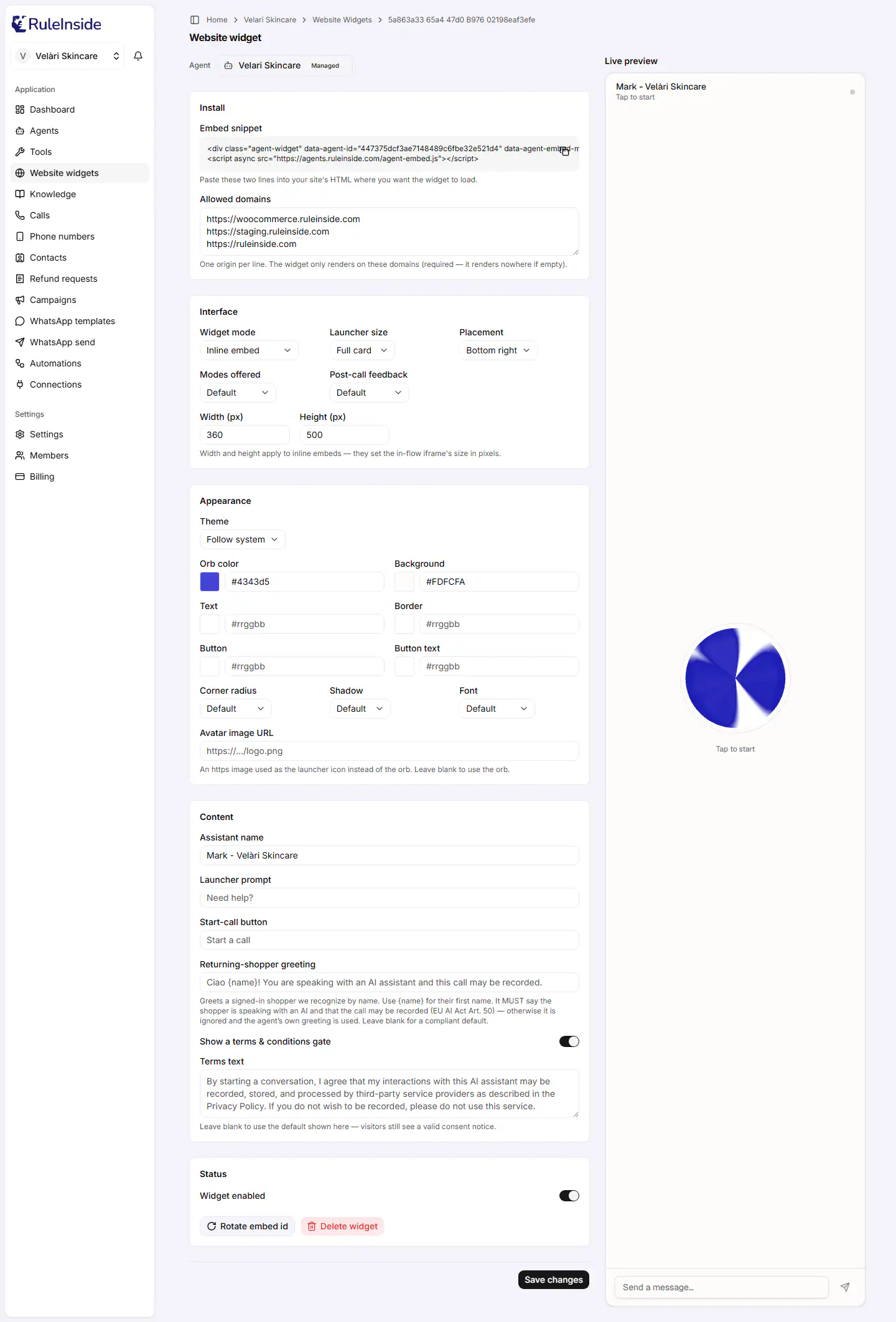 The widget editor with Install, Interface and Appearance sections and a live preview