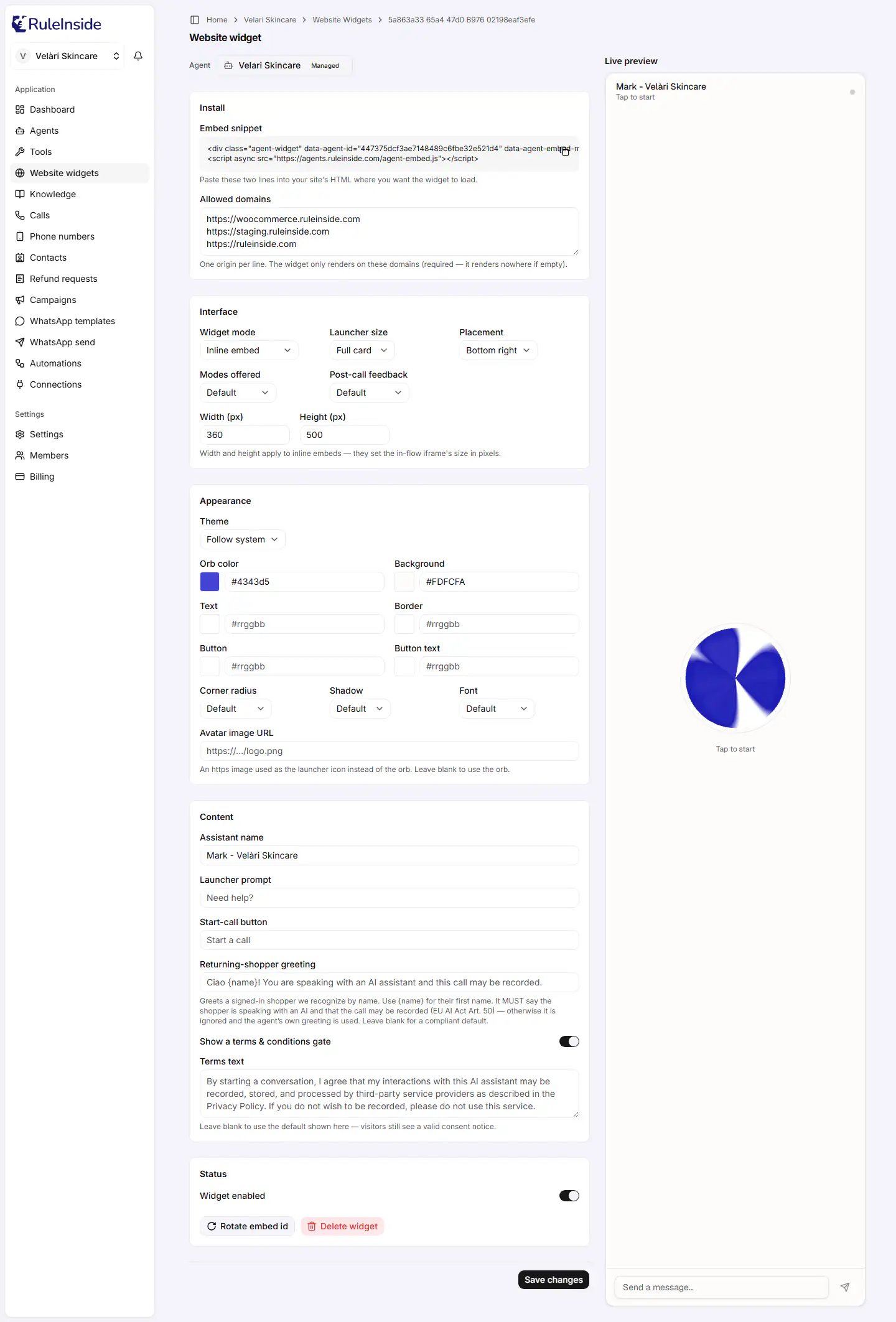 The widget editor with Install, Interface and Appearance sections and a live preview