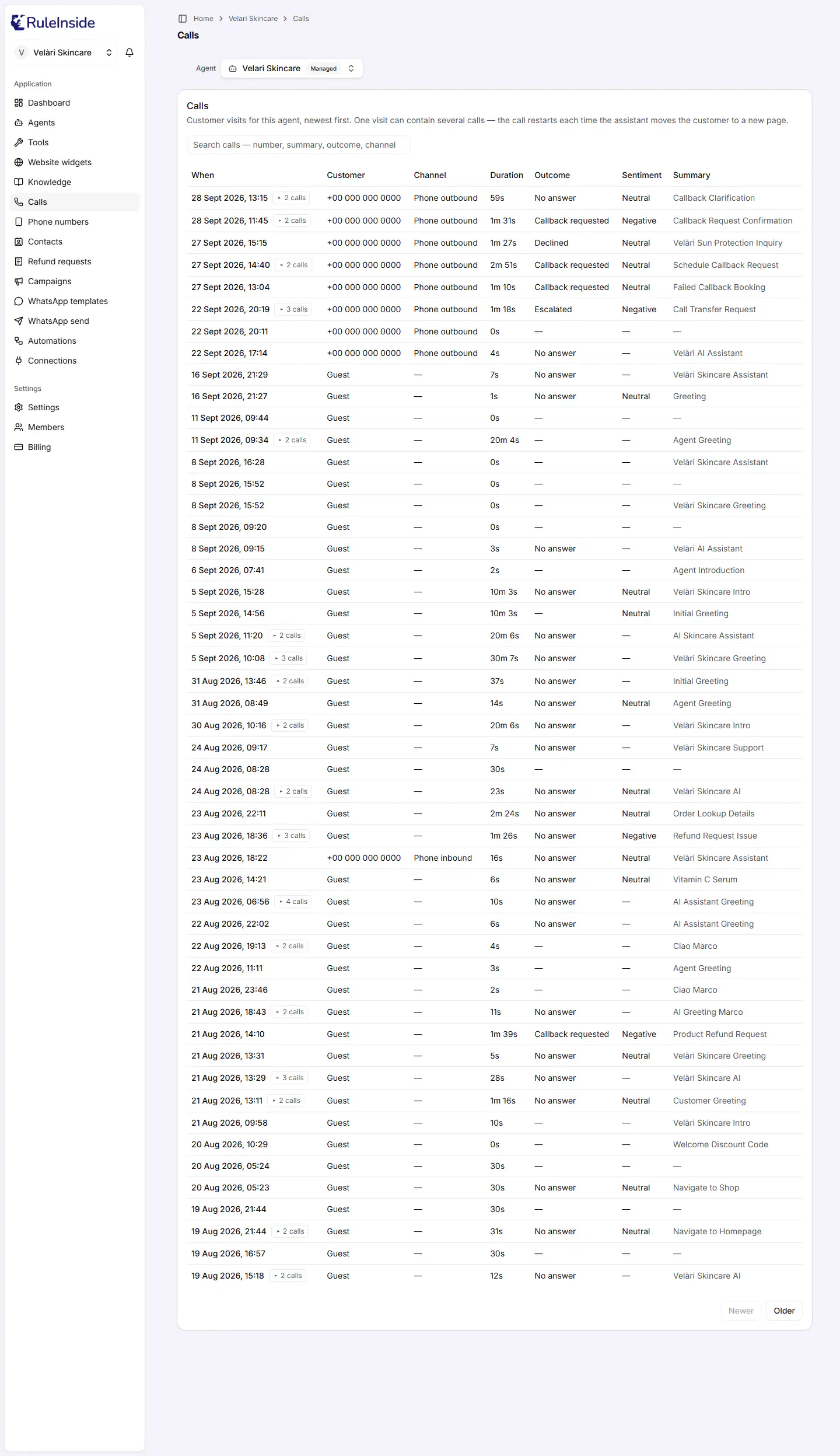 The Calls page with the Agent selector at the top, the search box, and a table with the columns When, Customer, Channel, Duration, Outcome, Sentiment and Summary.