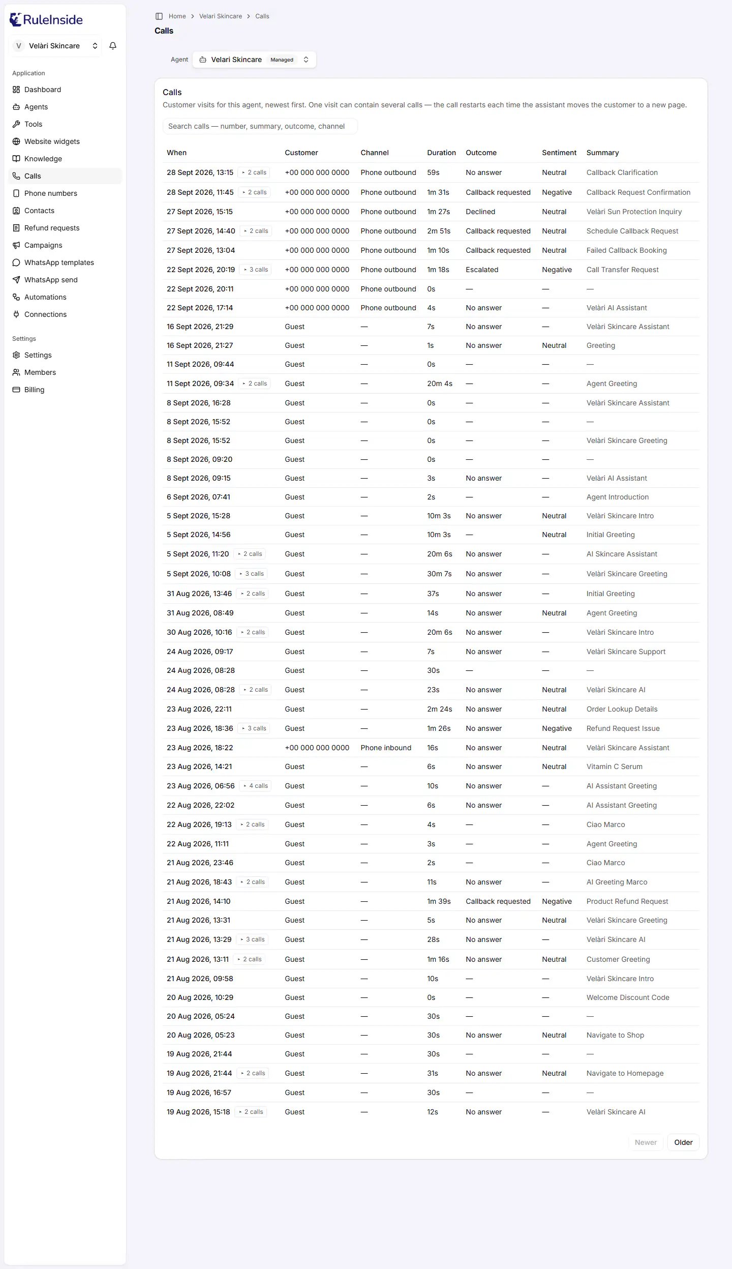 The Calls page with the Agent selector at the top, the search box, and a table with the columns When, Customer, Channel, Duration, Outcome, Sentiment and Summary.