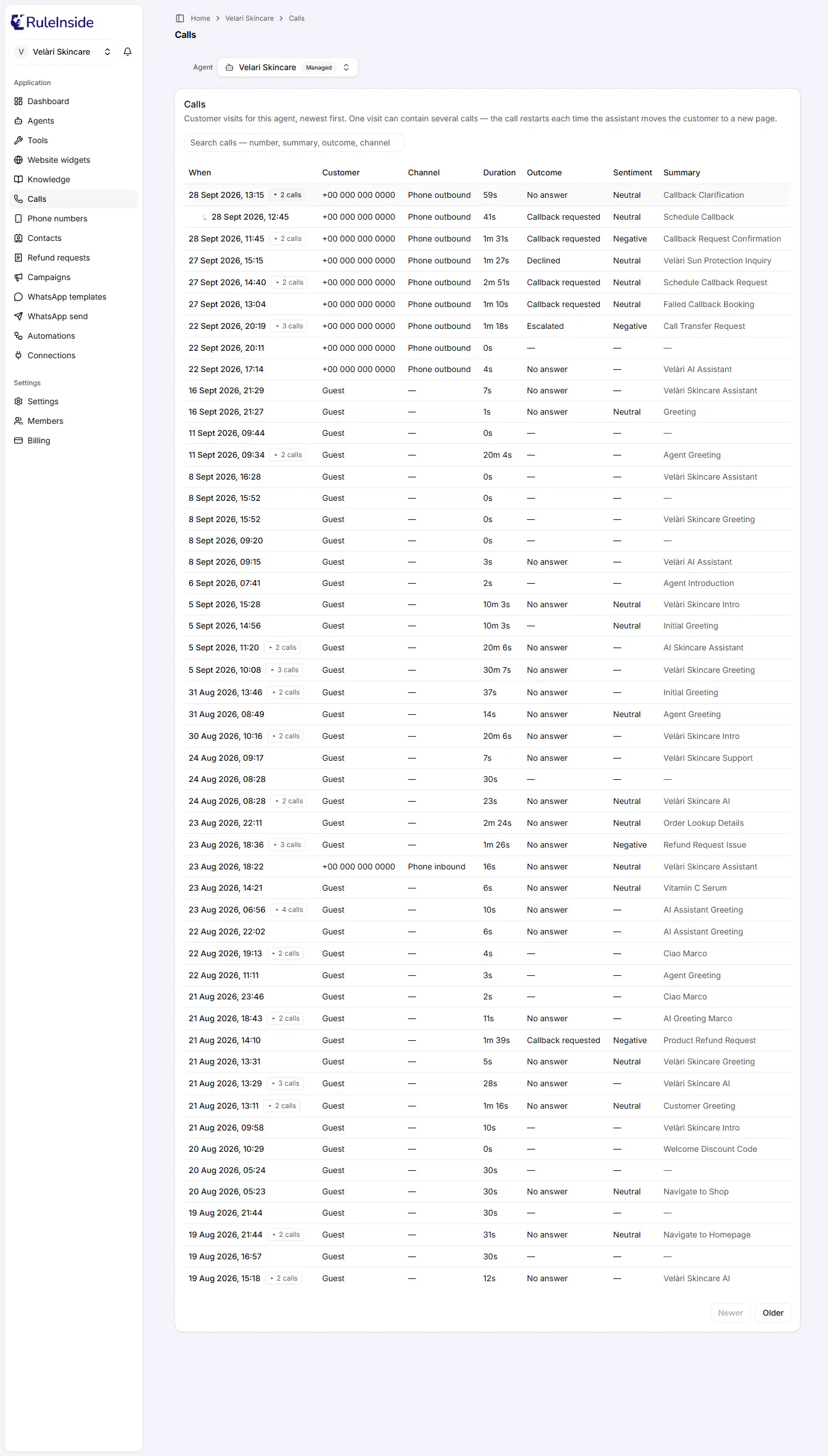 The Calls page with a visit row expanded, showing its earlier calls indented underneath with an arrow.