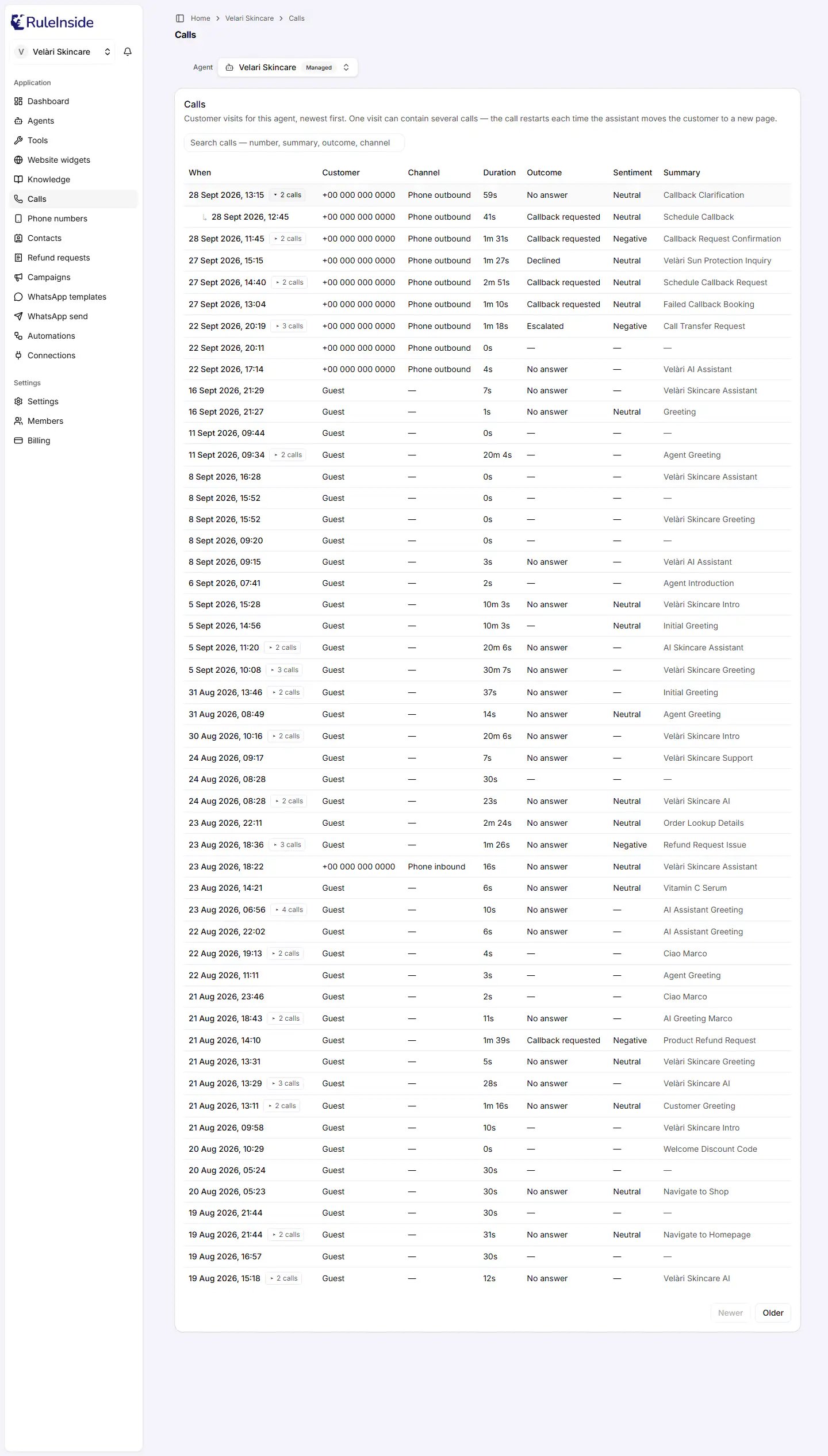 The Calls page with a visit row expanded, showing its earlier calls indented underneath with an arrow.