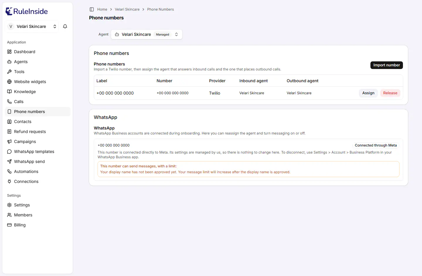 The Phone numbers page with a table of numbers showing Label, Number, Provider, Inbound agent and Outbound agent, the Assign and Release buttons, and the WhatsApp card.