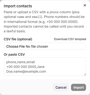 The Import contacts dialog