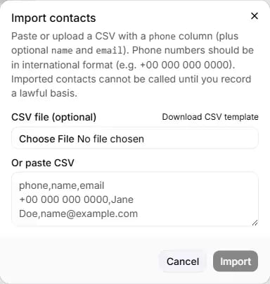 The Import contacts dialog