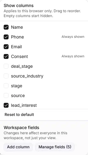 The Columns panel on the Contacts page
