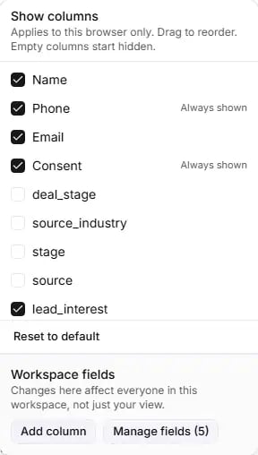 The Columns panel on the Contacts page