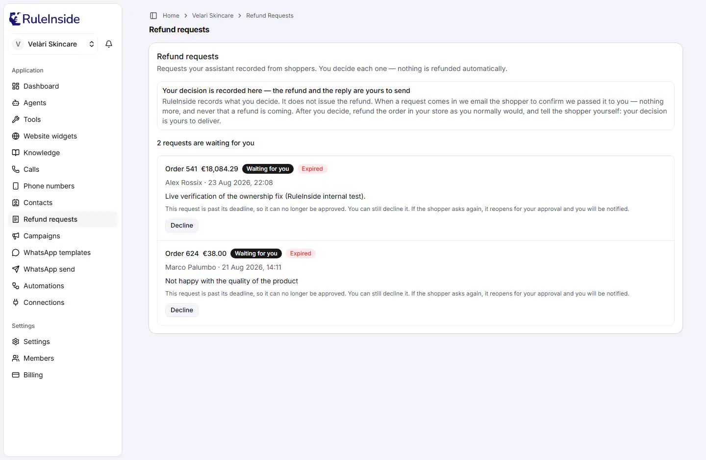 The Refund requests page