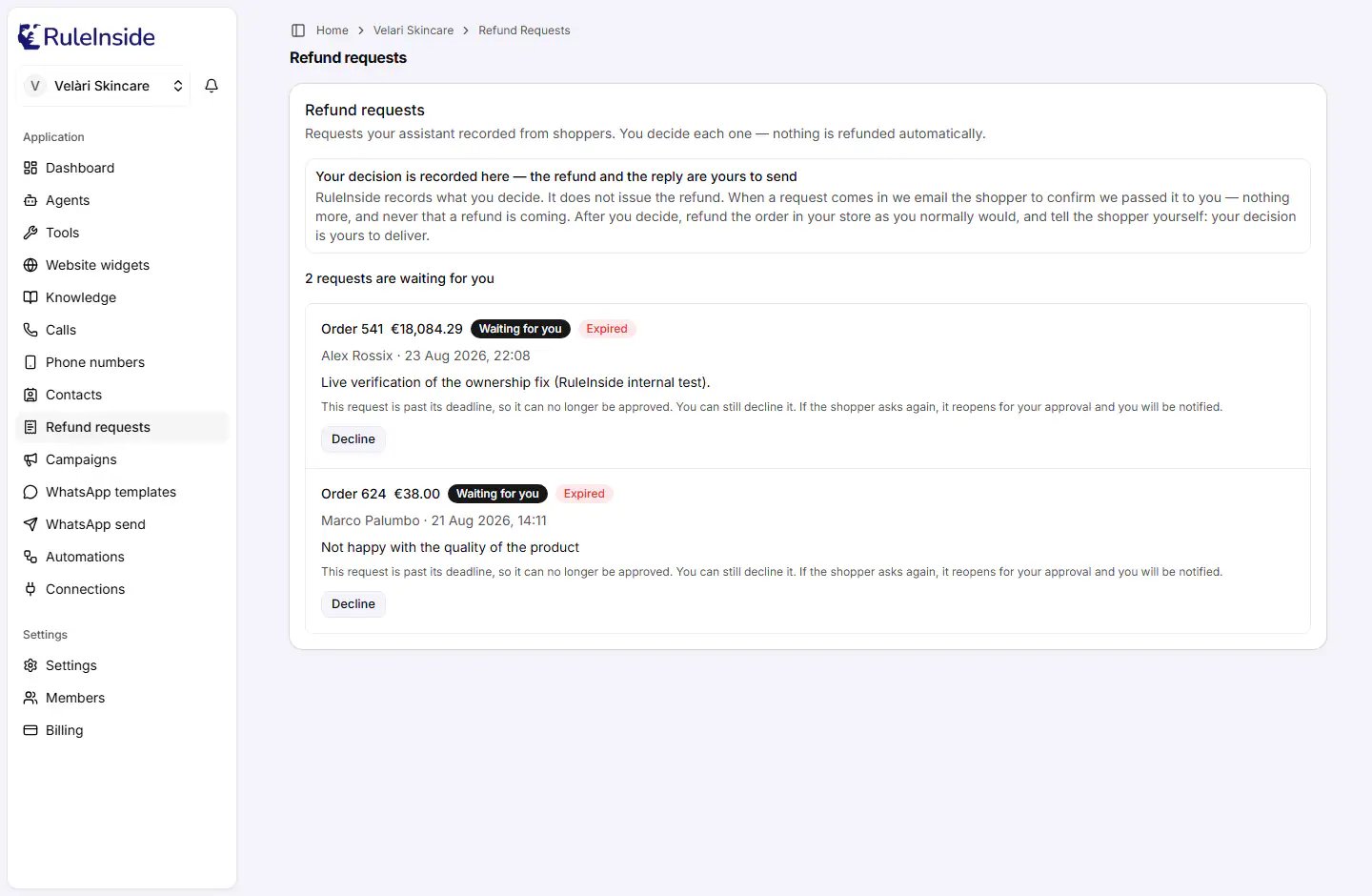 The Refund requests page