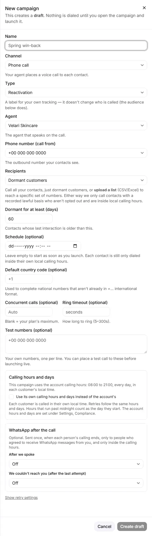 The New campaign form in the RuleInside portal