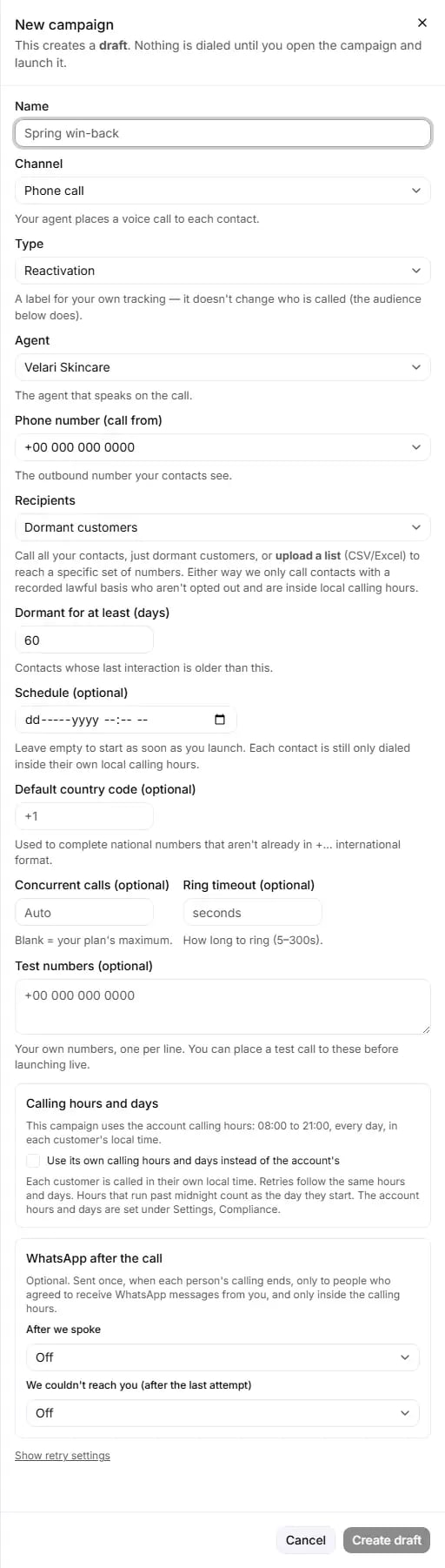The New campaign form in the RuleInside portal
