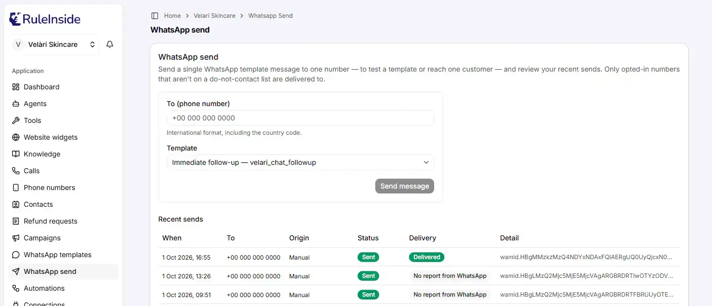 The WhatsApp send page with the To (phone number) and Template fields, a greyed-out Send message button and the Recent sends table