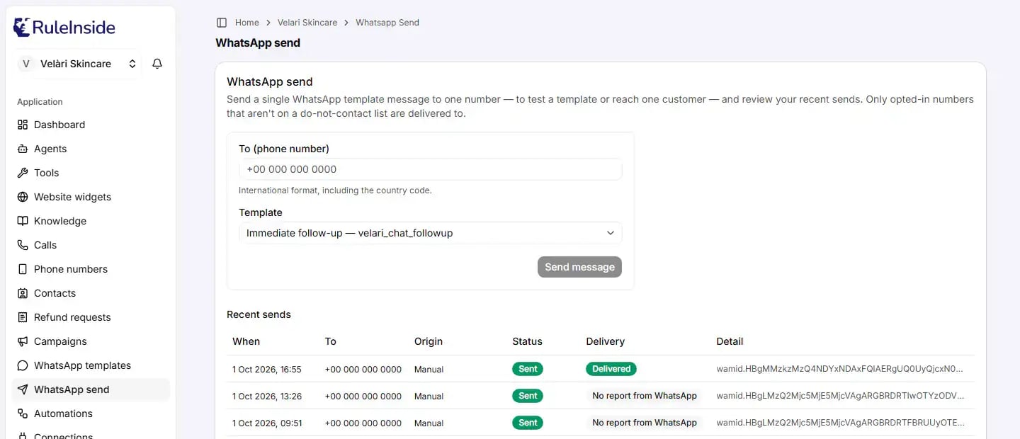 The WhatsApp send page with the To (phone number) and Template fields, a greyed-out Send message button and the Recent sends table