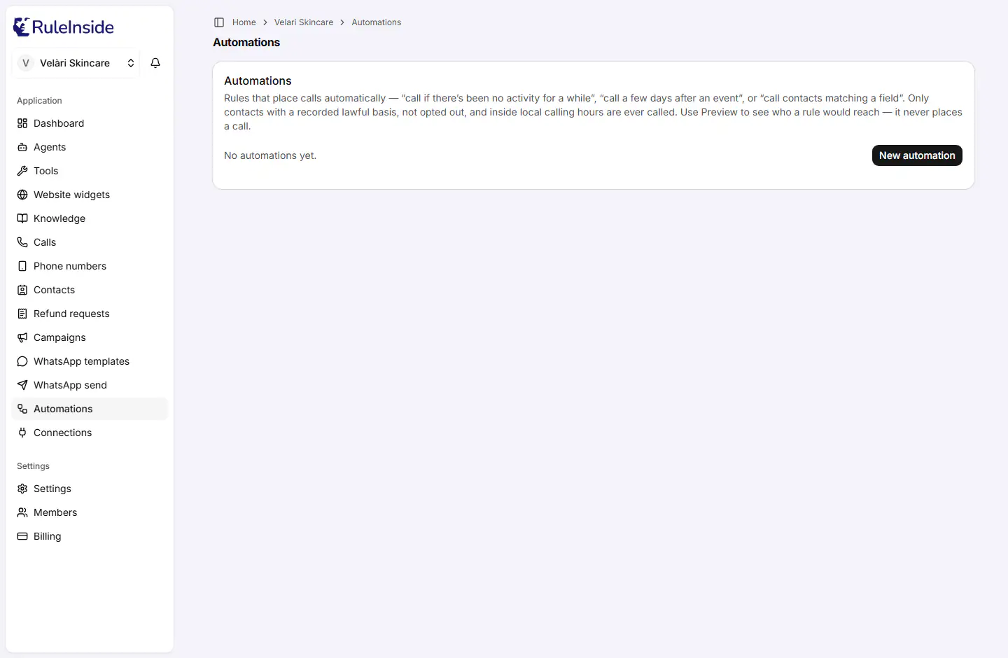The Automations page in the RuleInside portal