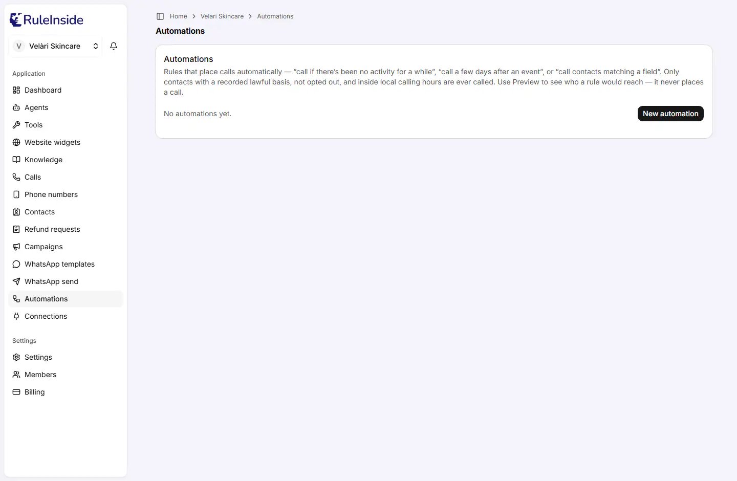 The Automations page in the RuleInside portal