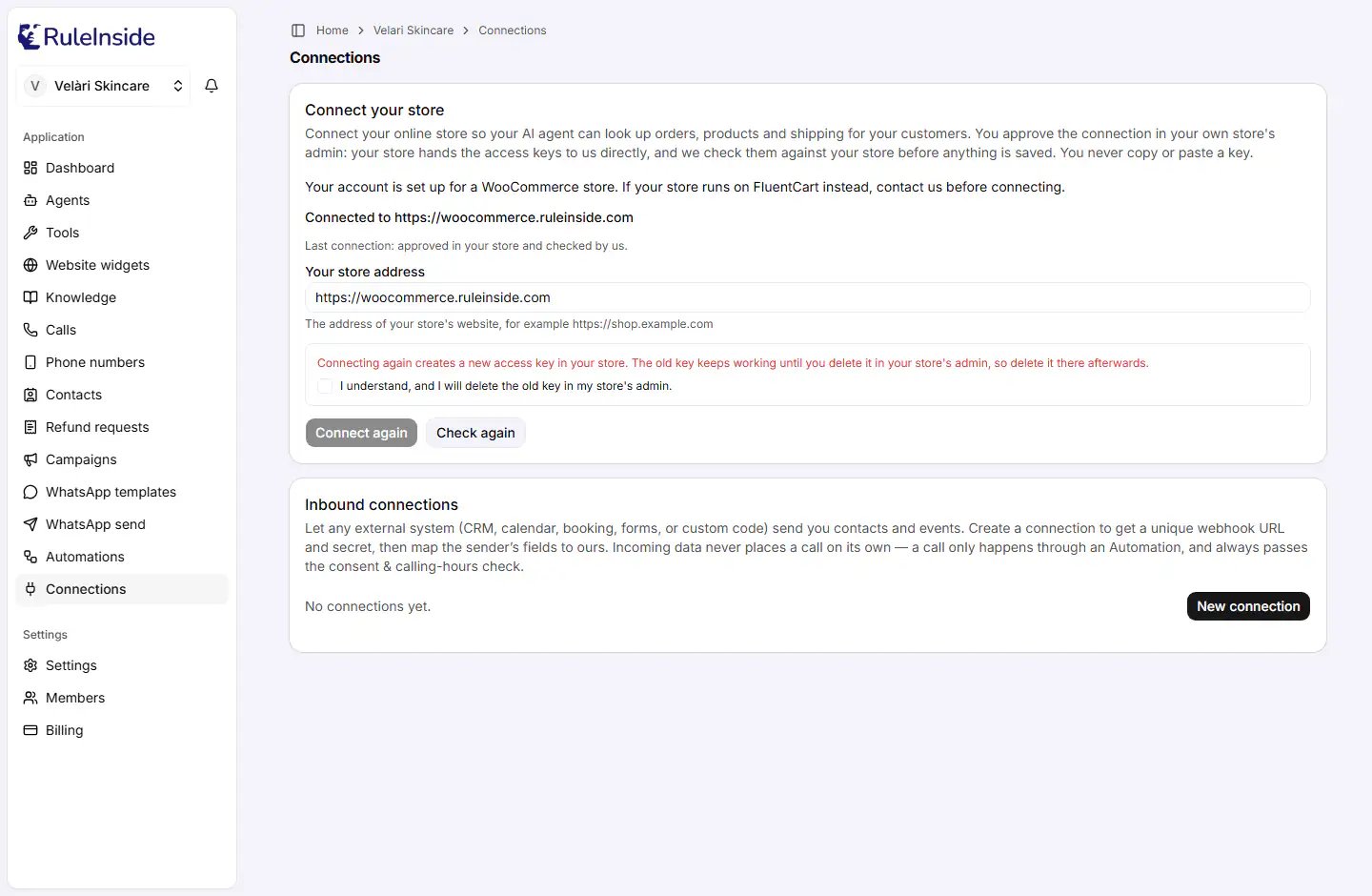 The Connections page with the Connect your store card and the Inbound connections card