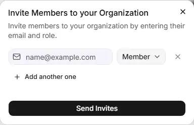 The Invite Members to your Organization dialog, with an email field, a role dropdown and the Send Invites button.