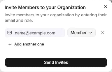 The Invite Members to your Organization dialog, with an email field, a role dropdown and the Send Invites button.