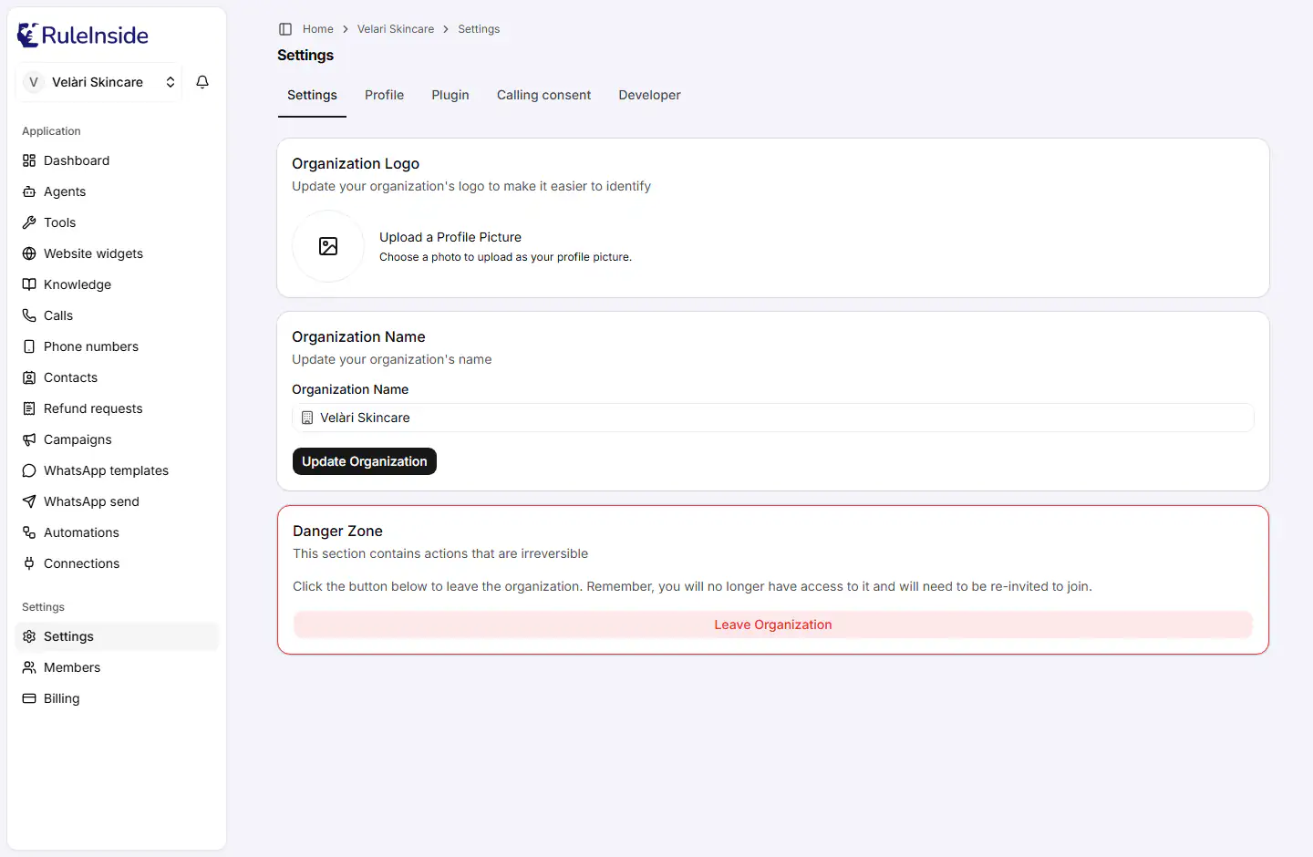 The Settings tab, showing the Organization Logo, Organization Name and Danger Zone cards.