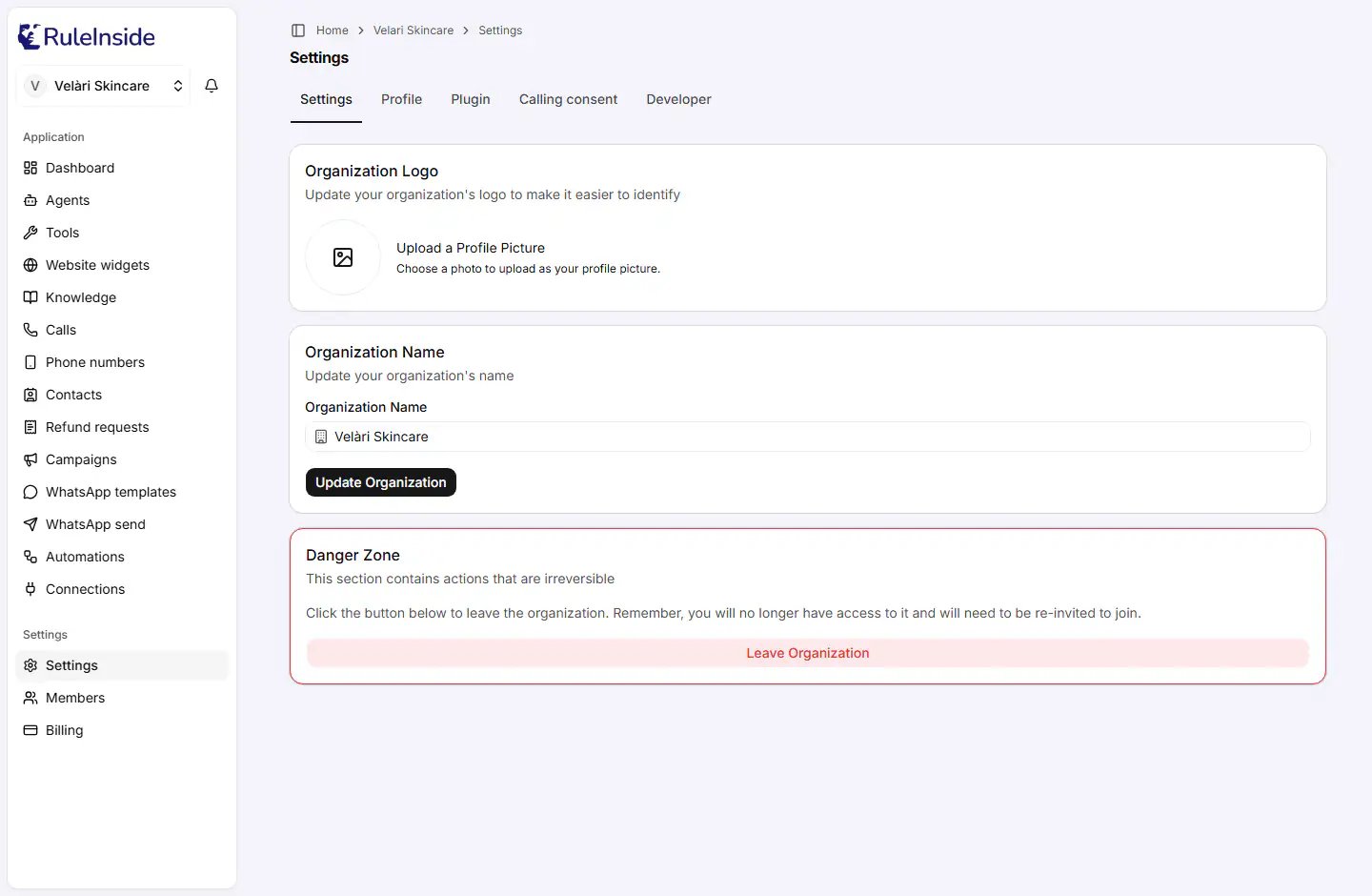 The Settings tab, showing the Organization Logo, Organization Name and Danger Zone cards.