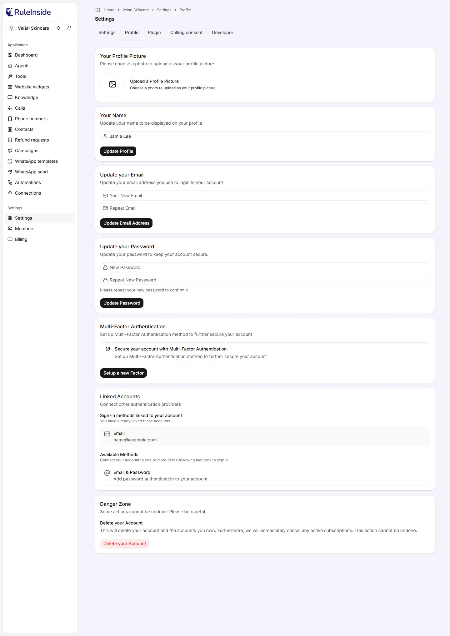 The Profile tab, showing the profile picture, name, email, password, multi-factor authentication, linked accounts and danger zone cards.