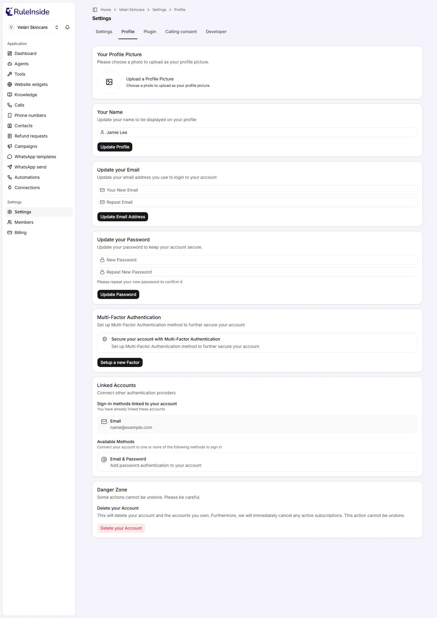 The Profile tab, showing the profile picture, name, email, password, multi-factor authentication, linked accounts and danger zone cards.